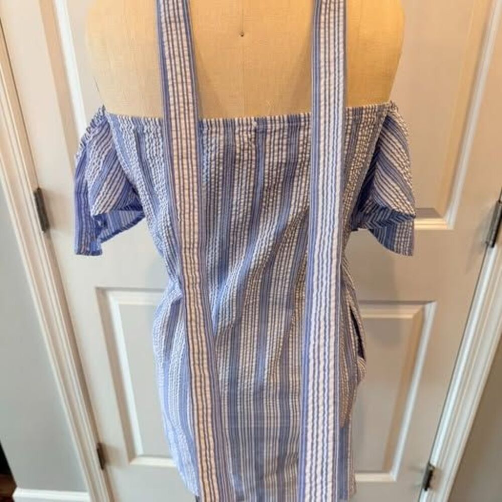Off Shoulder Striped Mini Dress XS Blue Tie Waist Summer Beach Casual - Picture 7 of 8